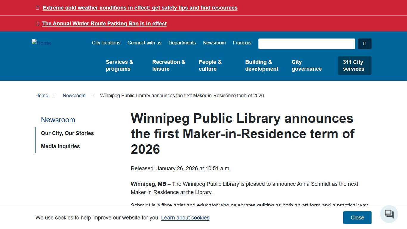 Winnipeg Public Library announces the first Maker-in-Residence term of 2026 City of Winnipeg